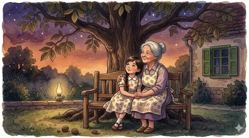 mese a nagyszülőkről gyerekeknek – Zorka és Nagyi alkonyatkor a diófa alatt ülnek a padon, csillagokat néznek