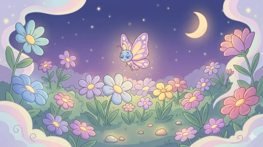 rövid esti mese gyerekeknek – Zizi lila-sárga pillangó álomszerű éjszakai virágoskertben repül, hold és csillagok fénye