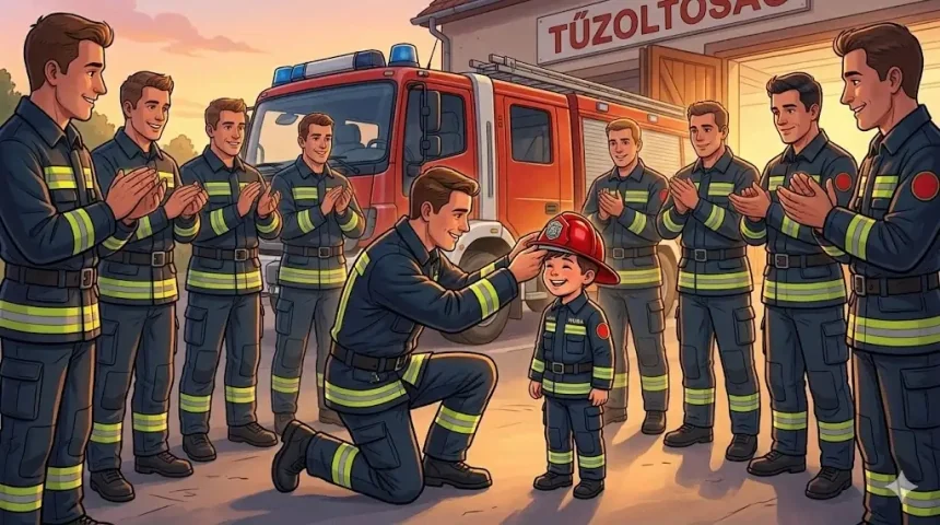 tűzoltós kalandmese kisfiúknak – Apuka letérdel Huba elé és a fejére helyezi a tűzoltósisakot, körülöttük tapsoló tűzoltók