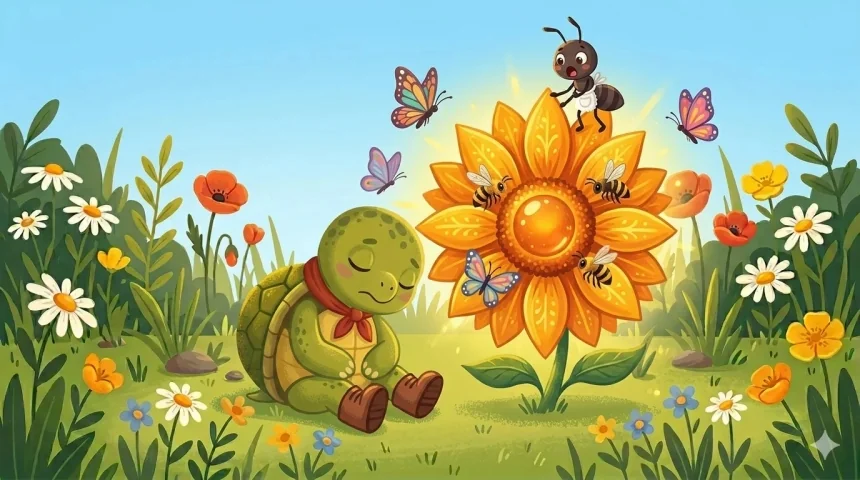 teknős mese 3-6 éveseknek – Lóri alszik, mellette hatalmas aranysárga virág nyílik ki