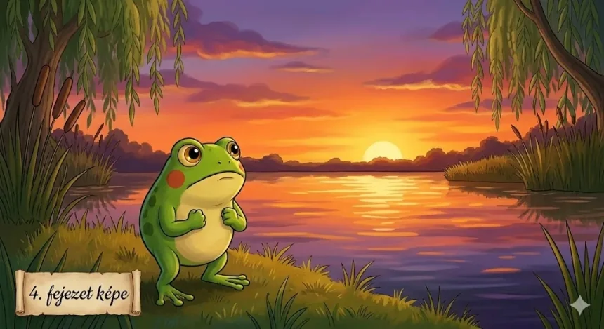 tanulságos mese – Buksi Béka elszántan áll a tóparton, naplementekor