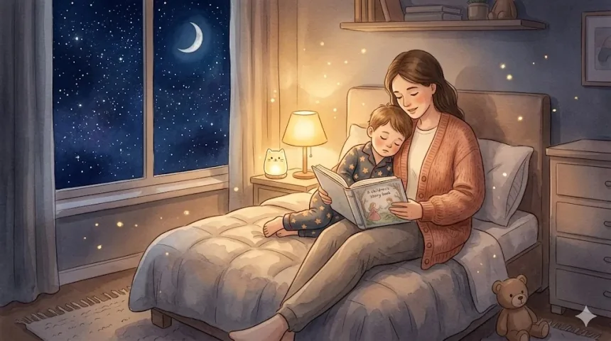 esti meseolvasás gyerekeknek – szülő olvas mesekönyvet az ágyban csillagos éjjel