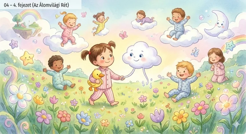 mese az óvodai alvásról gyerekeknek – Alma az Álomfelhővel virágos réten sétál, körülötte más gyerekek játszanak
