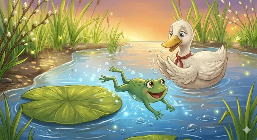 nagyon rövid mese gyerekeknek – Buksi béka boldogan úszik a tóban naplemente fényében Matild néni mellett