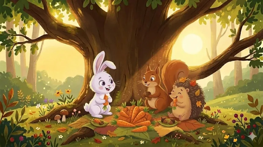 rövid állatos mese gyerekeknek – nyuszi, mókus és sün együtt lakomáznak a répahalom körül az erdőben