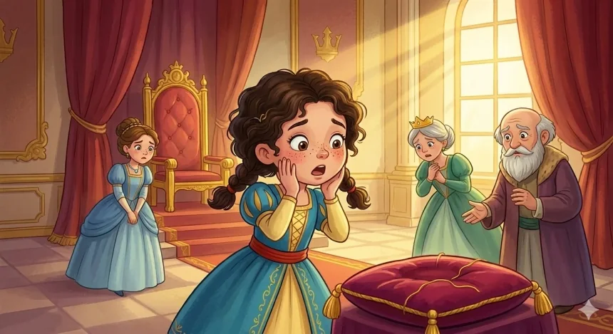 rövid hercegnős mese kislányoknak – Réka hercegnő döbbenten nézi az üres koronapárnát a palota trónterémben