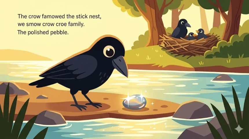 nagyon rövid mesék gyerekeknek – fekete varjú áll egy csillogó kavics előtt a folyóparton, háttérben fészek a fiókáival