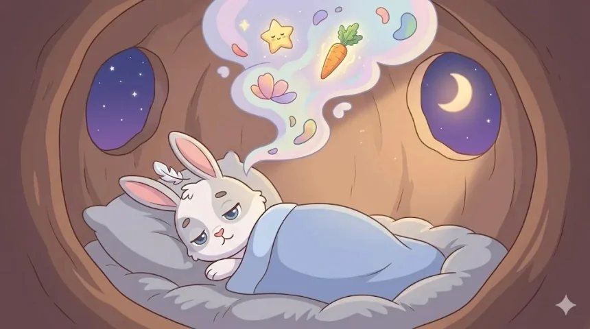 rövid esti mese gyerekeknek – Picur fehér nyuszi alvacskájában alszik, feje fölött színes álomfelhők gomolyognak