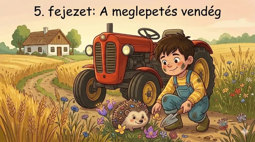 állatos mese – Dani térdel a piros traktor előtt és gondosan megvizsgálja a kis sünöt virágok között