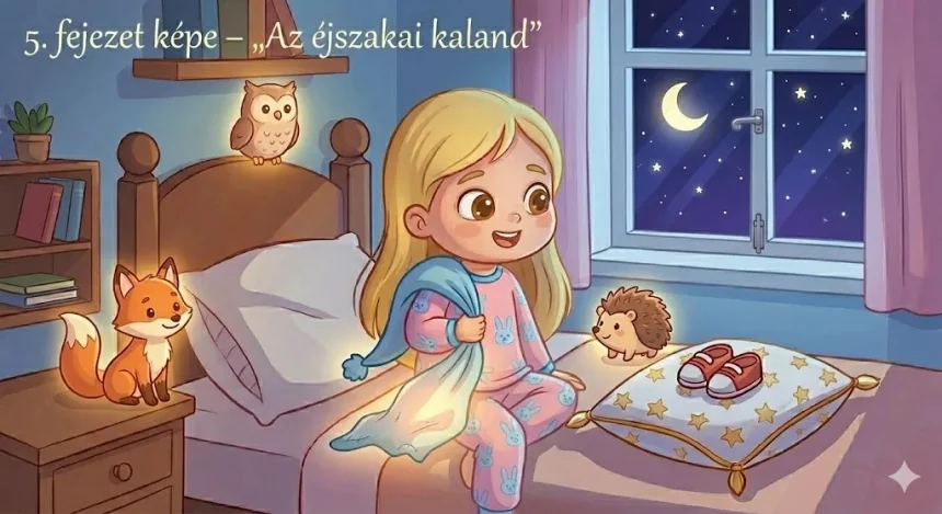 nyugtató esti mese – Mimi mosolyog az éjszakai szobában a bagollyal rókával sünivel és a holdas csillagos éggel