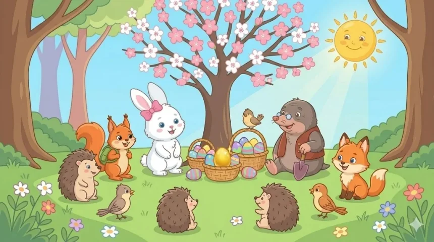 húsvéti mese nyusziról – az erdei állatok együtt ünneplik a húsvétot a virágzó fa alatt