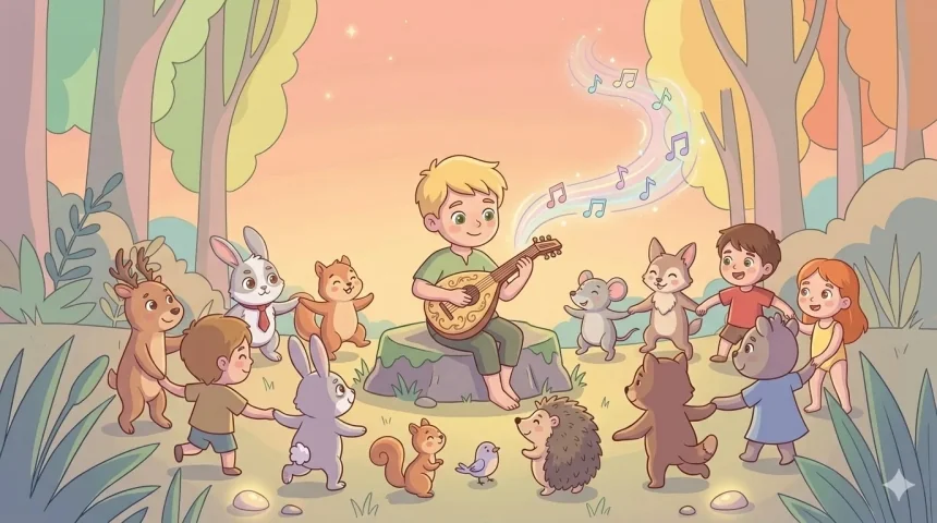 rövid esti mese gyerekeknek – Vili szőke kisfiú erdei tisztáson lantot játszik, körülötte táncoló állatok és gyerekek