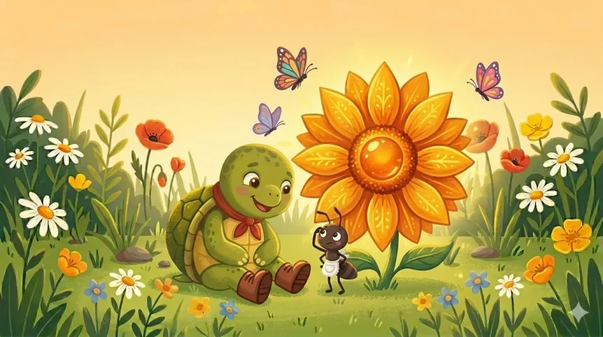 vicces teknős mese gyerekeknek – Lassú Lóri és Pitypang hangya a kinyílt türelemvirág alatt ülnek