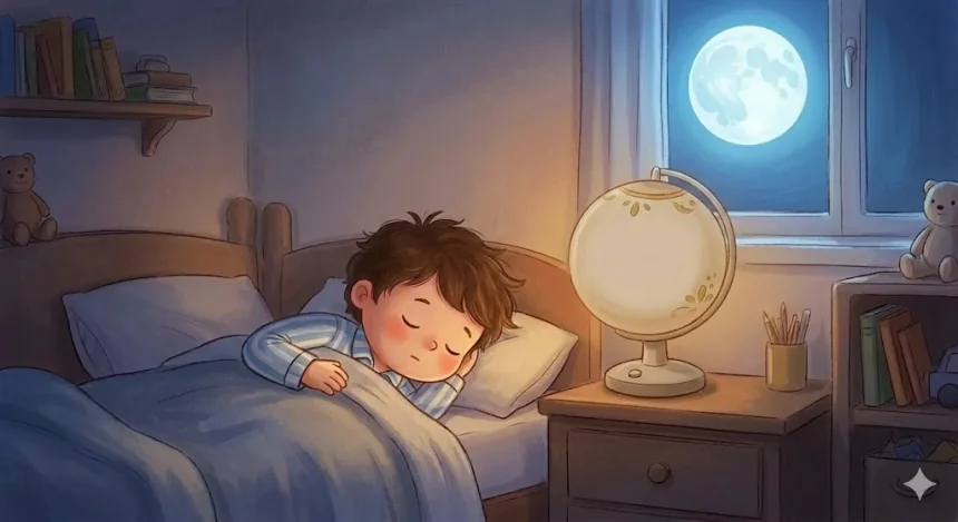esti mese gyerekeknek – Peti mélyen alszik, Lumika halványan ég, telihold az ablakon