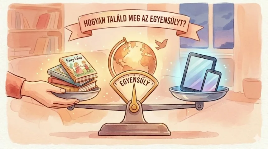 képernyőidő és meseolvasás egyensúlya – mérleg könyvekkel és tablettel