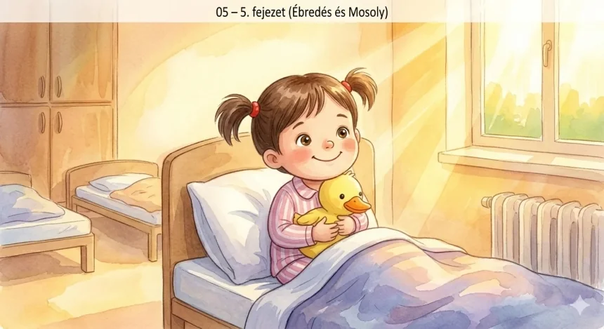 mese az óvodai alvásról gyerekeknek – Alma felfrissülve, mosolyogva ül az ágyon Pitykével, napfény süt be az ablakon