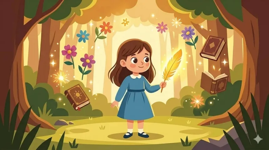 nagyon rövid mesék gyerekeknek – barnahajú kislány aranytollat tart az erdei tisztáson, körülötte varázslatos virágok és könyvek lebegnek