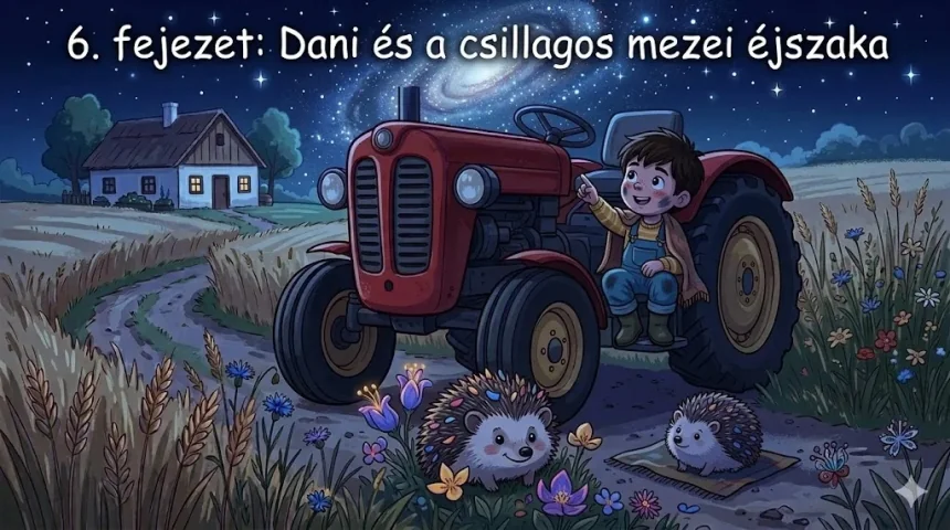 Dörmögő Dani traktoros mese – Dani a piros traktoron ül csillagos ég alatt, körülötte kis sünök a mezei virágok között