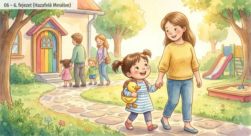 mese az óvodai alvásról gyerekeknek – Alma anyukájával kezet fogva megy hazafelé az óvoda udvarán, mindkettő mosolyog