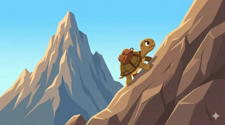 nagyon rövid mesék gyerekeknek – kis teknős hátizsákkal kapaszkodik a meredek sziklán a hegy felé