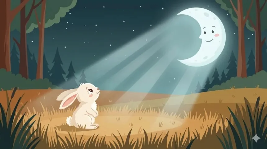 nagyon rövid mesék gyerekeknek – fehér nyúl ül a holdfényes réten és felfelé néz a mosolygó félholdra