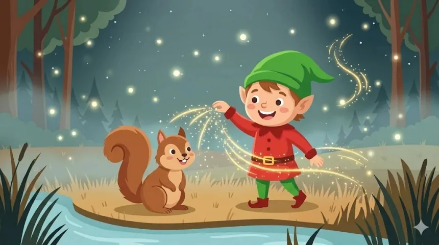 nagyon rövid mesék gyerekeknek – zöld sapkás piros ruhás manó csillagport szór egy mókusra az éjszakai patakparton