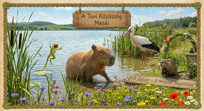 kapibara mese gyerekeknek – Vizi Paci vízidisznó a tóban áll, körülötte béka, gólya és nutria a virágos parton