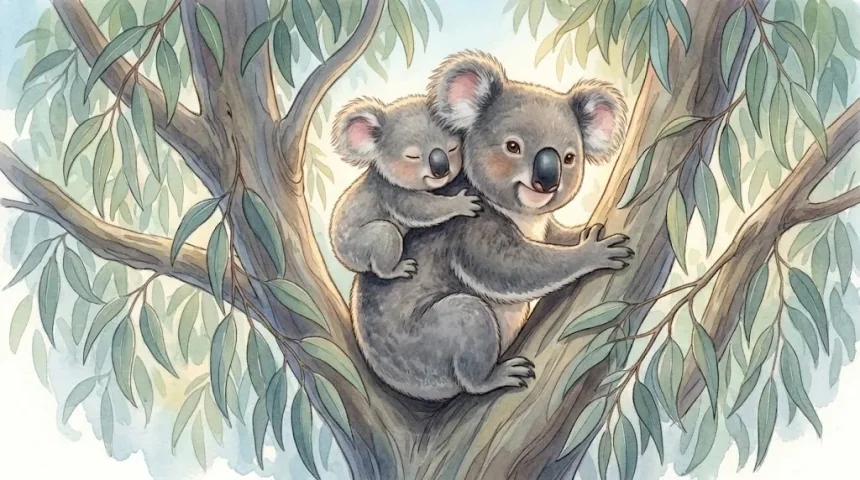 koala mese gyerekeknek – Kuksi kis koala maci anyuka hátán az eukaliptuszfán