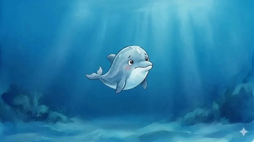 vicces delfin mese – Buborék delfin egyedül úszik a nagy kék tengerben, körülötte senki sincs