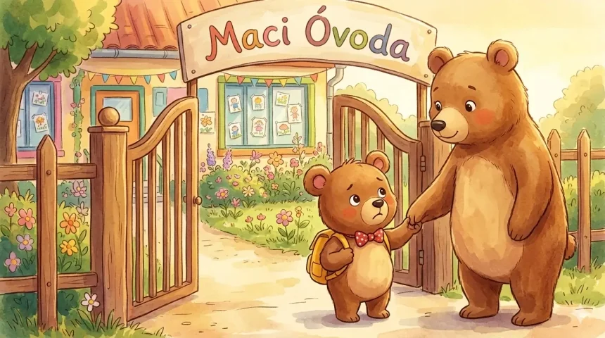 mese a barátságról óvodásoknak – Dundi mackó mama kezét fogva áll a Maci Óvoda kapujában, ijedten néz be