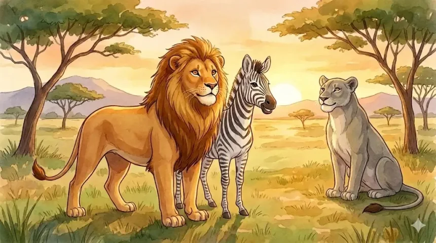 oroszlán mese gyerekeknek – Leo oroszlán büszkén áll a szavannán hatalmas sörényével, mellette Zebi zebra és Mama oroszlán