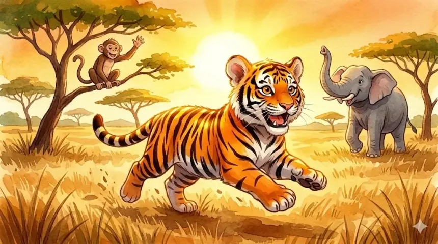tigris mese gyerekeknek – Tiger fut a szavannán visszatért csíkokkal, Mókás és Ella örömmel fogadják