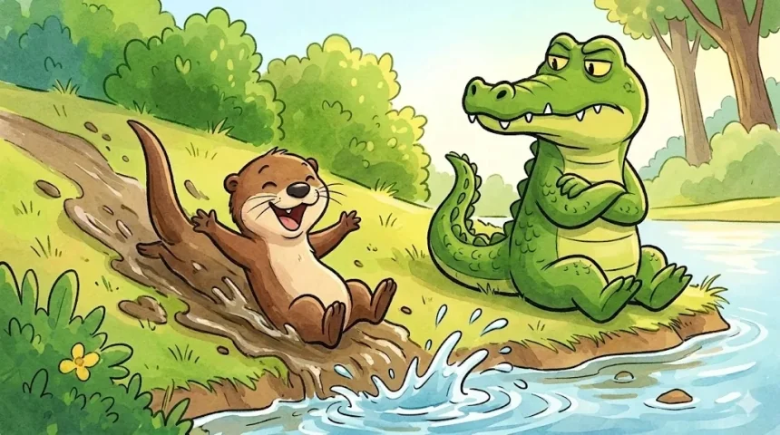 vicces mese óvodásoknak – Vidra Vili csúszik a sárban, Krokodil Karcsi karba tett kézzel nézi
