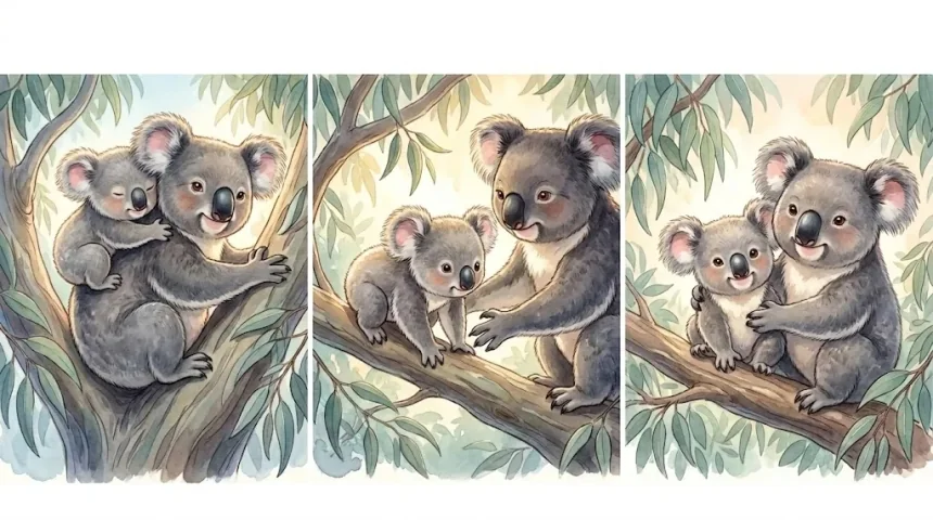 állatos mese koaláról gyerekeknek – Kuksi és anyuka koala egymás mellett boldogan az ágon