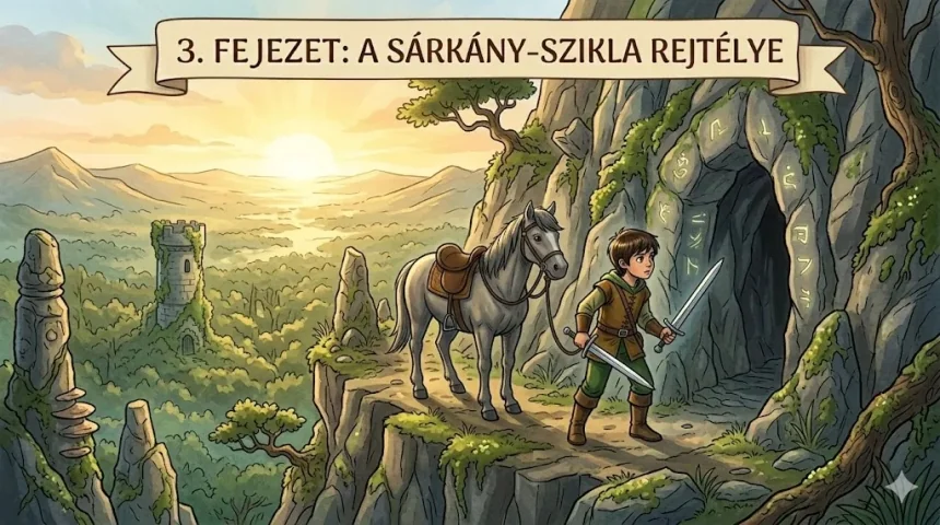 sárkányos mese gyerekeknek – Bende és Morzsa a Sárkány-szikla bejáratánál runajelekkel