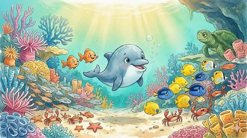 delfin mese gyerekeknek – Buborék delfin a korallzátonyon fecseg, a halak és rákok menekülnek előle