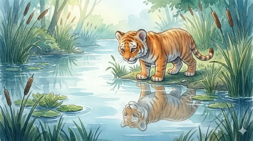 önelfogadás mese gyerekeknek – Tiger a folyóparton nézi tükörképét, ahol csíkok nélkül látja magát