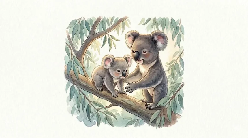 koala maci mese gyerekeknek – Kuksi önállóan mászik az ágon, anyuka figyeli