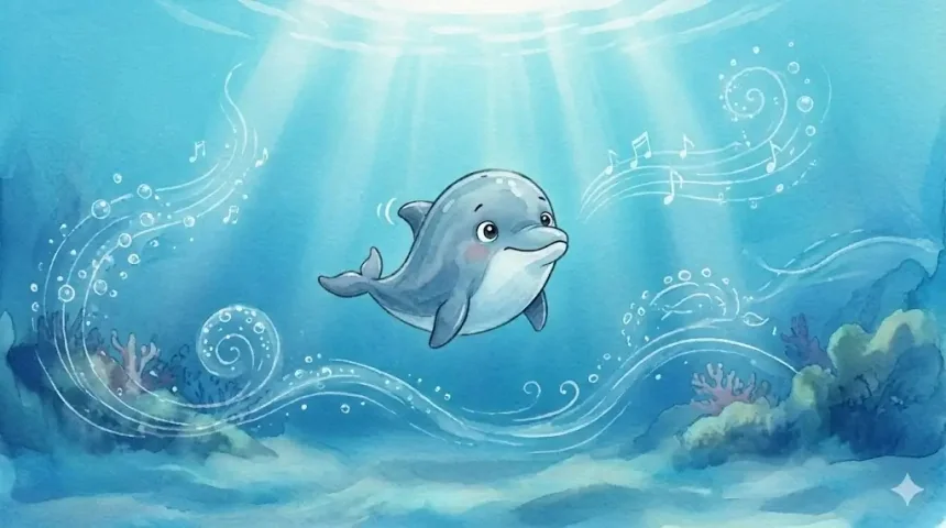 delfin mese óvodásoknak – Buborék delfin csukott szájjal hallgat, zenei hangok és buborékok lebegnek körülötte