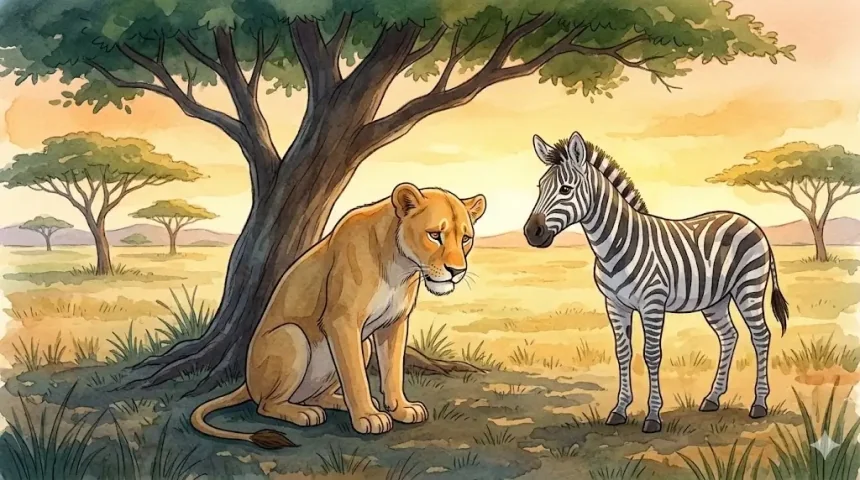 oroszlán kalandmese gyerekeknek – Leo sörény nélkül ül a fa alatt, Zebi zebra mellé lép