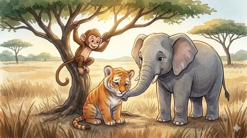 kalandos állatos mese – Tiger szomorúan ül a fa alatt, Mókás és Ella vigasztalják