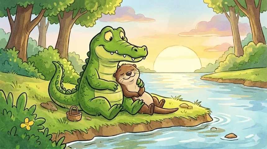 krokodil mese gyerekeknek – Krokodil Karcsi öleli Vidra Vilit naplementekor a folyóparton