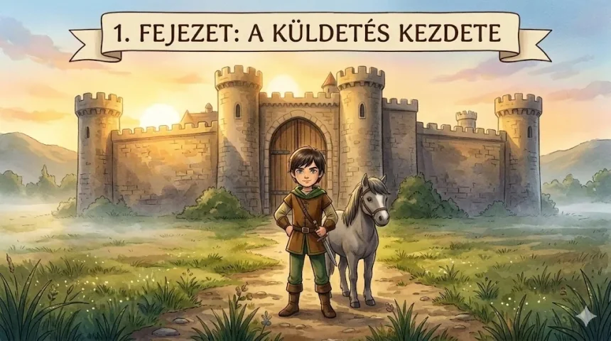 lovagi mese gyerekeknek – Bende apród Morzsa lovacskájával a középkori vár előtt hajnalban