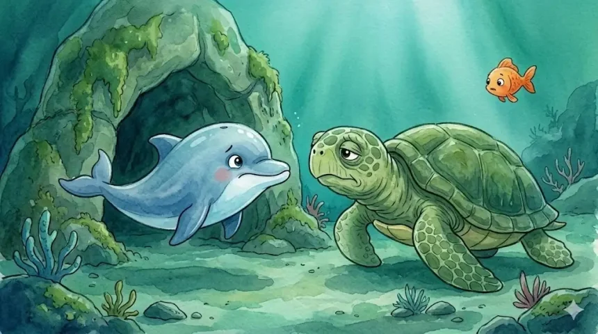 vicces állatos mese gyerekeknek – Buborék delfin és Tóbiás teknős szemtől szemben a tenger mélyén, Csillag hal figyel