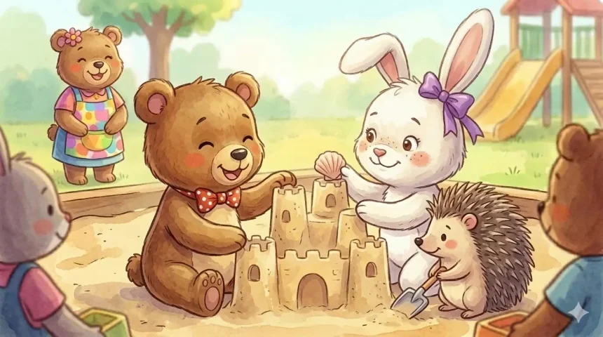 tanulságos mese barátságról – Dundi mackó, Lili nyuszi és Dorogi sündisznó együtt építik a homokvárat, Böbe néni mosolyog