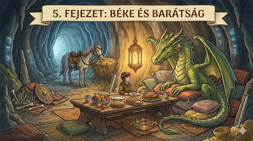 sárkányos mese gyerekeknek – Bende és Zsarát a barlangban együtt vacsoráznak lámpafénynél