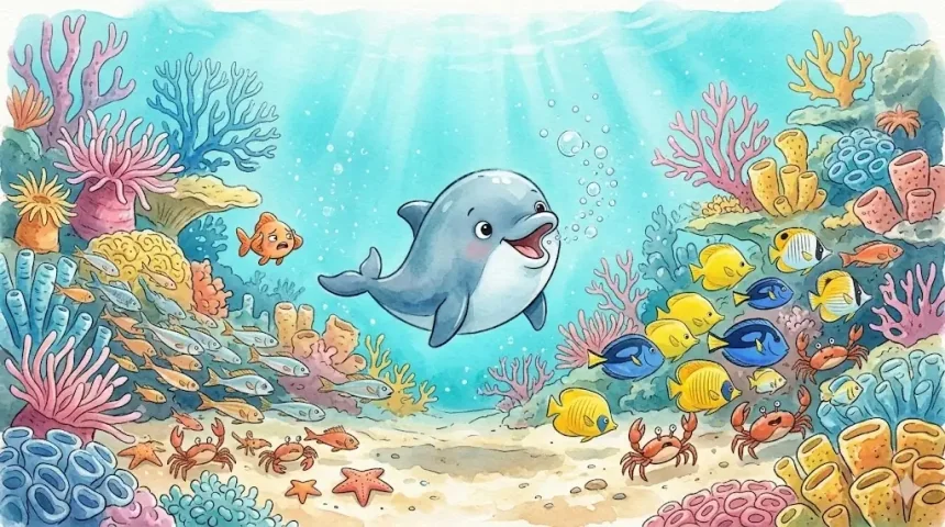rövid vicces mese gyerekeknek – Buborék delfin visszatér a korallzátonytához, a halak most közelebb jönnek hozzá