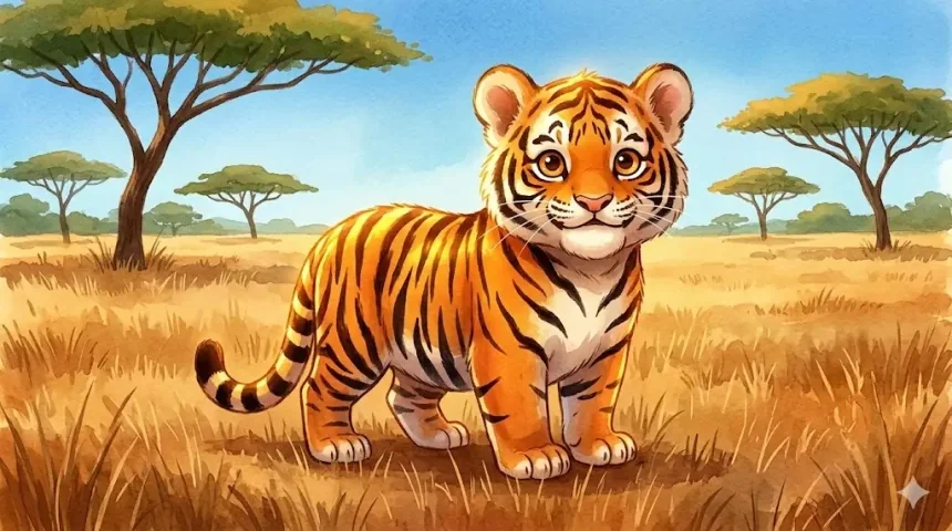 tigris mese gyerekeknek – Tiger, a kis tigris büszkén áll a szavannán ragyogó narancssárga-fekete csíkjaival