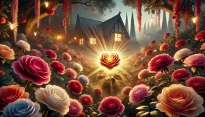 DALL·E 2025 01 26 15.25.39 A magical rose garden surrounded by vibrant, colorful flowers in various shades of red, pink, and white. At the center of the garden is a glowing, hea Valentin-nap, ajándékötletek, szeretet, kézzel készített ajándék, Rózsaliget, különleges ajándék, titkos ajándék, gyertyák, ékszerek, képeslapok, szívek útja, közösség, ünnep, gyerekek, kreatív ajándékok, varázslatos történet